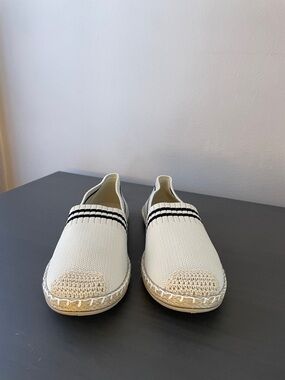 Cream Knit Espadrille Slip-On with Black Stripes